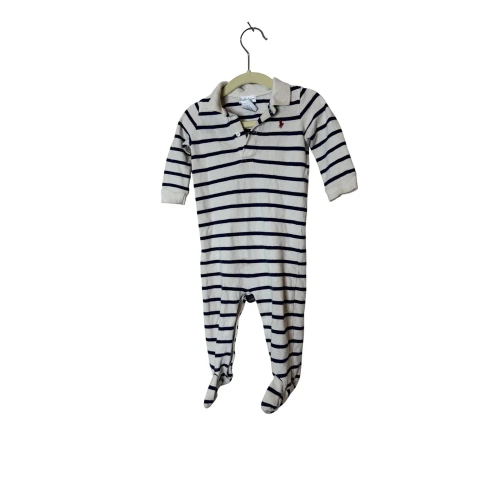 Ralph Lauren Footed Coverall Baby Boys 6-9 Months White Navy‎ Stripe One Piece
